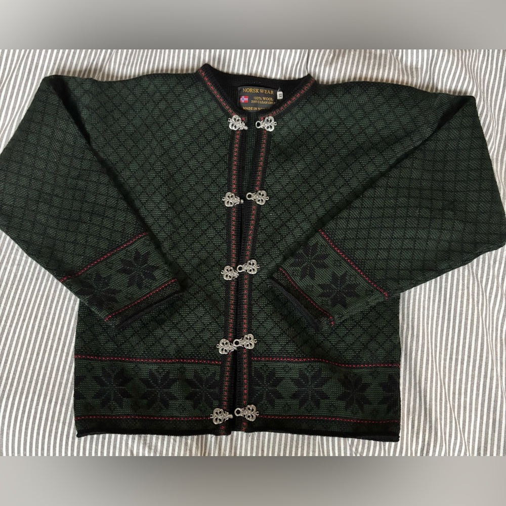 Norsk Wear Dark Green with Black Pattern Wool Cardigan with Ornate Silver Clasps